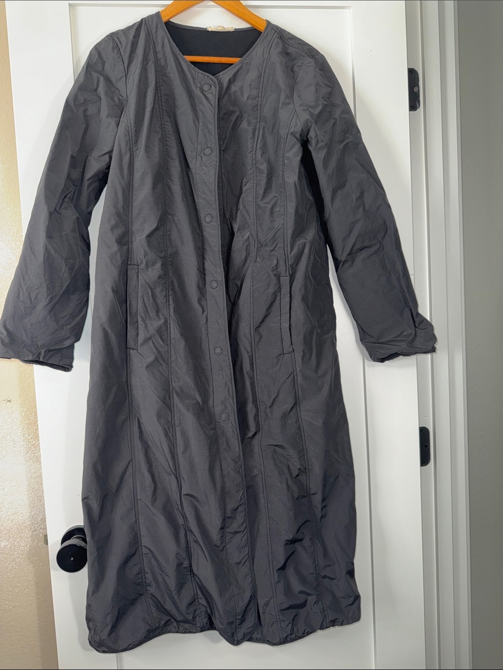 Eileen Fisher Long Gray Lightweight Snap-Front Rain coat cotton blend